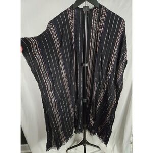 Women's One Size Boho Textured Kimono Black Striped Open Front Fringe Hem